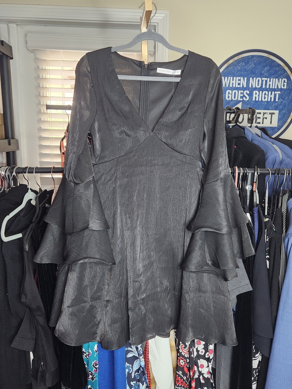 Altar'd State Black Tiered Bell-Sleeve V-Neck Dress